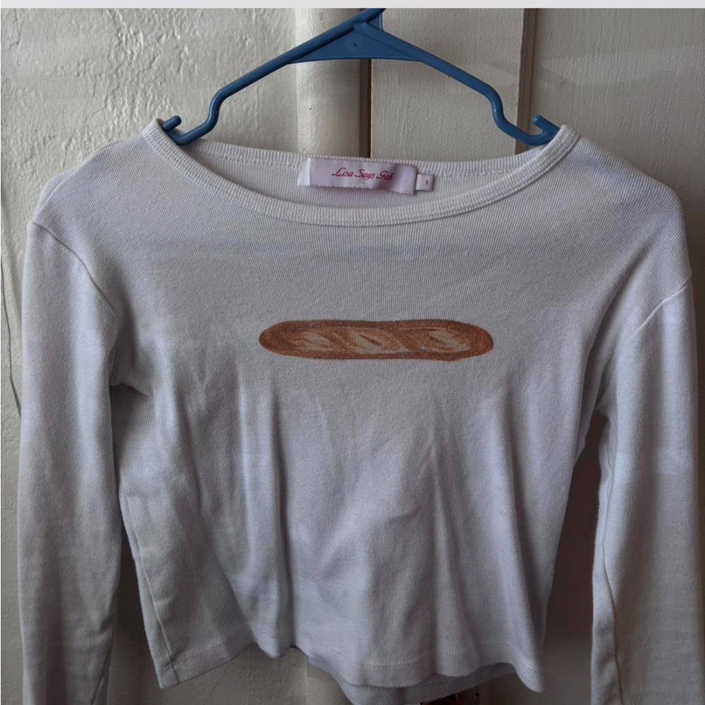 White Long Sleeve Top with Baguette Graphic